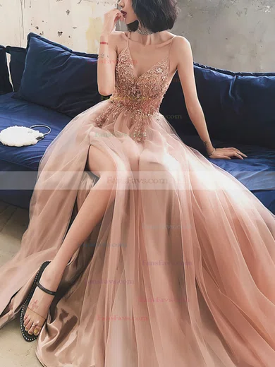 A-line V-neck Tulle Sweep Train Beading Prom Dresses #Favs020108511