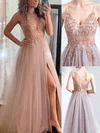 A-line V-neck Tulle Sweep Train Beading Prom Dresses #Favs020108511