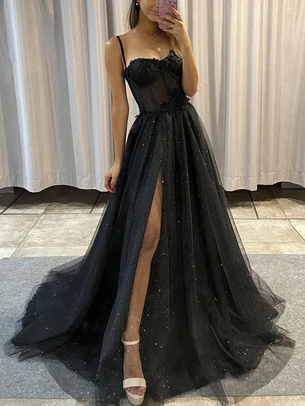 A-line V-neck Glitter Sweep Train Appliques Lace Prom Dresses #Favs020108512