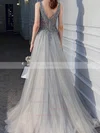 A-line V-neck Tulle Sweep Train Beading Prom Dresses #Favs020108515