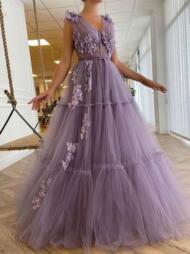 A-line V-neck Tulle Sweep Train Appliques Lace Prom Dresses #Favs020108517