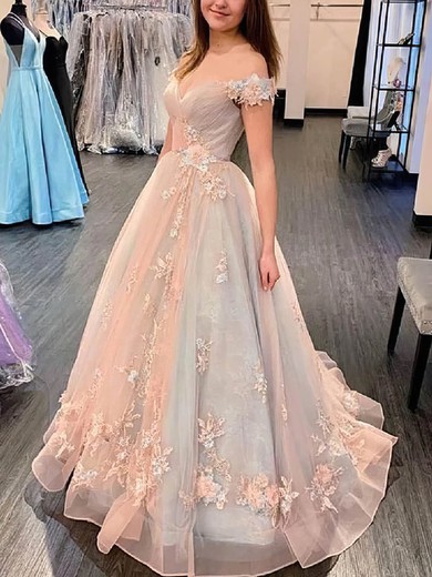 Ball Gown Off-the-shoulder Lace Tulle Sweep Train Beading Prom Dresses #Favs020108522