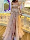 A-line Off-the-shoulder Tulle Sweep Train Beading Prom Dresses #Favs020108532