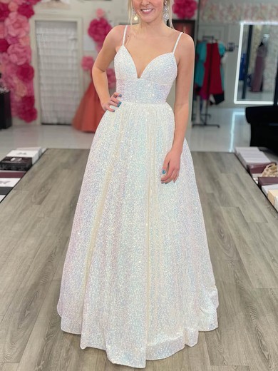 A-line V-neck Glitter Sweep Train Prom Dresses #Favs020108534