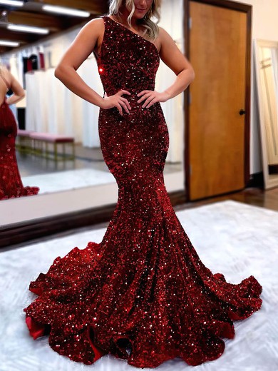 Trumpet/Mermaid One Shoulder Sequined Sweep Train Prom Dresses #Favs020108539