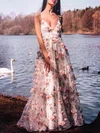 A-line V-neck Tulle Sweep Train Flower(s) Prom Dresses #Favs020108545