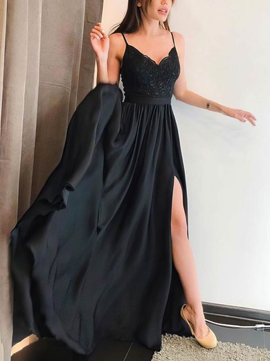 A-line V-neck Silk-like Satin Sweep Train Appliques Lace Prom Dresses #Favs020108393