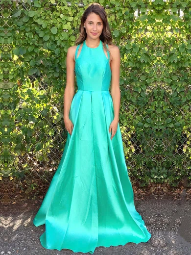 A-line Scoop Neck Satin Floor-length Split Front Prom Dresses #Favs020105293