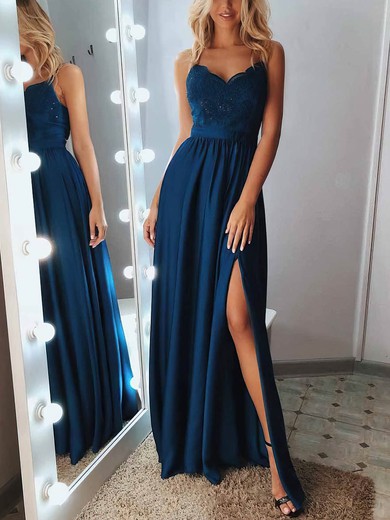 A-line V-neck Silk-like Satin Sweep Train Appliques Lace Prom Dresses #Favs020108394
