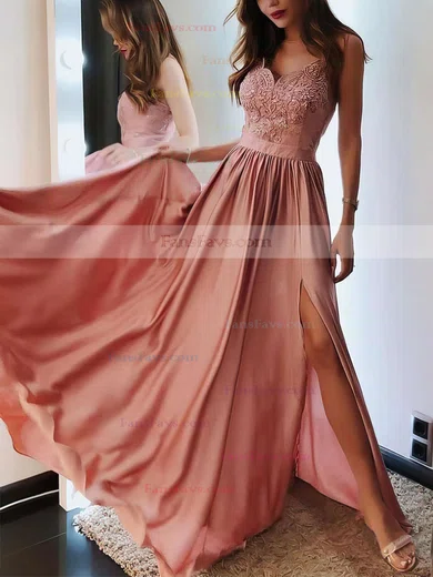 A-line V-neck Silk-like Satin Sweep Train Appliques Lace Prom Dresses #Favs020108394