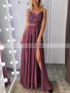 A-line V-neck Silk-like Satin Sweep Train Appliques Lace Prom Dresses #Favs020108394