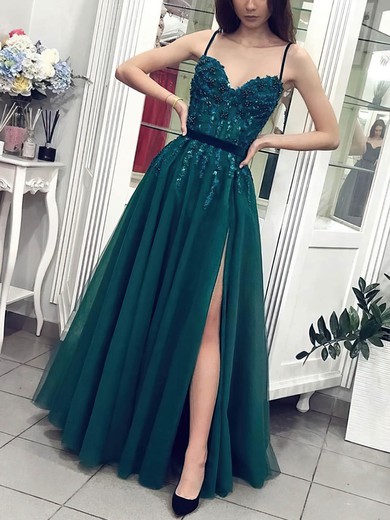 A-line V-neck Tulle Lace Sweep Train Beading Prom Dresses #Favs020108395