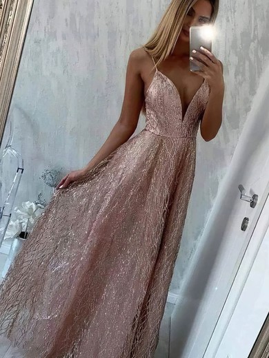 A-line V-neck Glitter Sweep Train Prom Dresses #Favs020108396