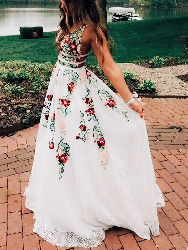 A-line V-neck Lace Sweep Train Prom Dresses #Favs020108398