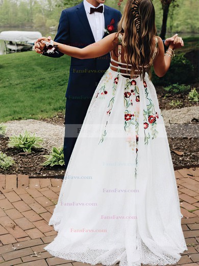 A-line V-neck Lace Sweep Train Prom Dresses #Favs020108398