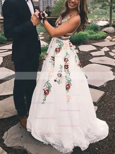 A-line V-neck Lace Sweep Train Prom Dresses #Favs020108398