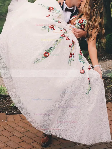 A-line V-neck Lace Sweep Train Prom Dresses #Favs020108398