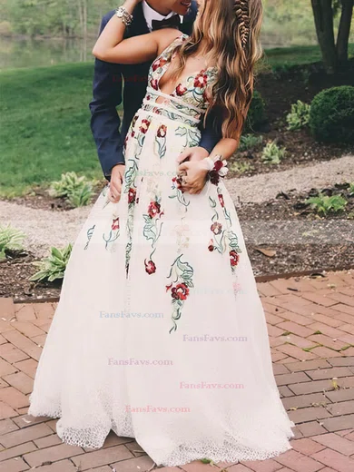 A-line V-neck Lace Sweep Train Prom Dresses #Favs020108398