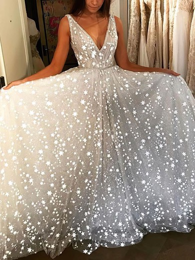 A-line V-neck Glitter Sweep Train Prom Dresses #Favs020108405