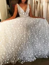 A-line V-neck Glitter Sweep Train Prom Dresses #Favs020108405
