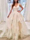 Ball Gown V-neck Tulle Sweep Train Cascading Ruffles Prom Dresses #Favs020108406