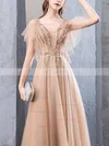 A-line V-neck Tulle Sweep Train Appliques Lace Prom Dresses #Favs020108412