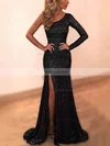 Sheath/Column One Shoulder Sequined Sweep Train Split Front Prom Dresses #Favs020108422