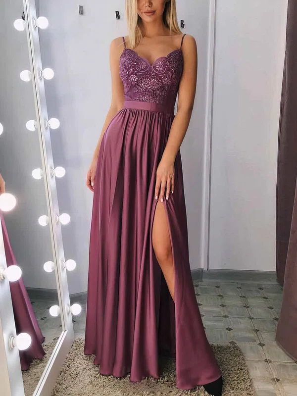 A-line V-neck Silk-like Satin Sweep Train Appliques Lace Prom Dresses #Favs020108425