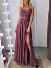A-line V-neck Silk-like Satin Sweep Train Appliques Lace Prom Dresses #Favs020108425