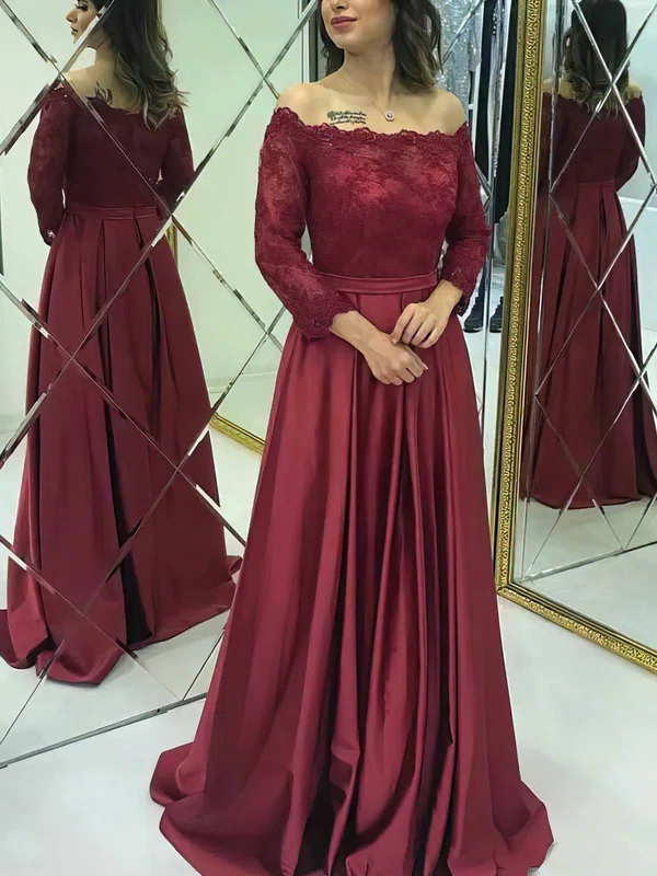 A-line Off-the-shoulder Satin Sweep Train Appliques Lace Prom Dresses #Favs020108431