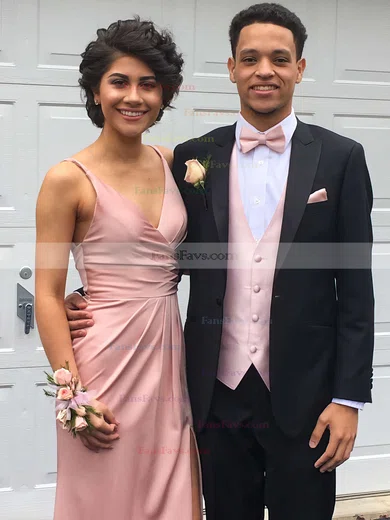 Sheath/Column V-neck Silk-like Satin Floor-length Split Front Prom Dresses #Favs020103662