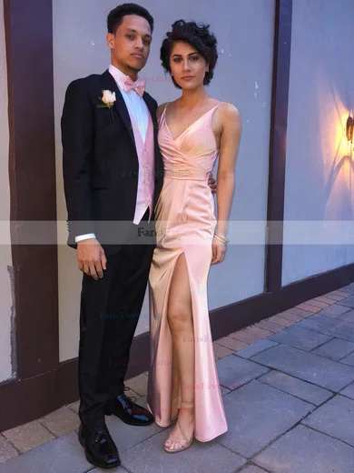 Sheath/Column V-neck Silk-like Satin Floor-length Split Front Prom Dresses #Favs020103662