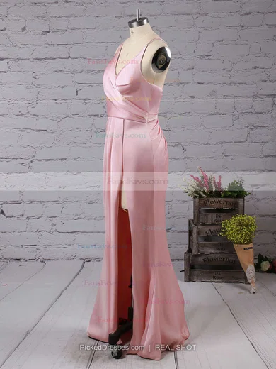 Sheath/Column V-neck Silk-like Satin Floor-length Split Front Prom Dresses #Favs020103662