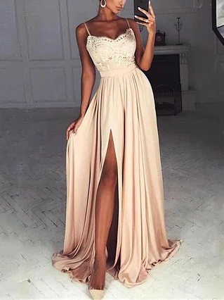 A-line V-neck Silk-like Satin Sweep Train Appliques Lace Prom Dresses #Favs020105296 A-line V-neck Silk-like Satin Sweep Train Appliques Lace Prom Dresses #Favs020105296