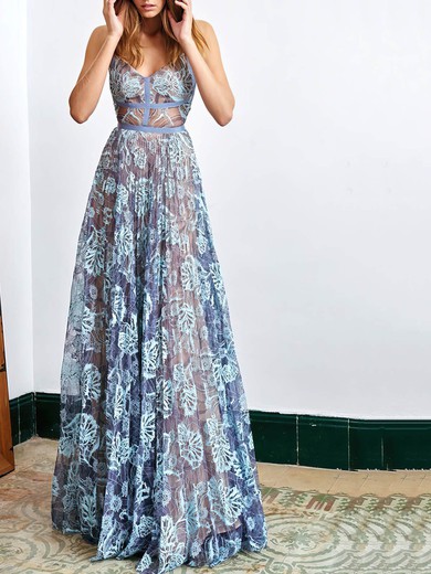 A-line V-neck Lace Sweep Train Prom Dresses #Favs020108436