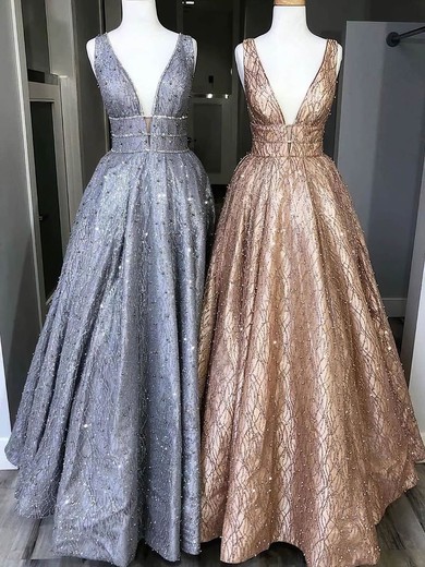 A-line V-neck Glitter Sweep Train Prom Dresses #Favs020108437