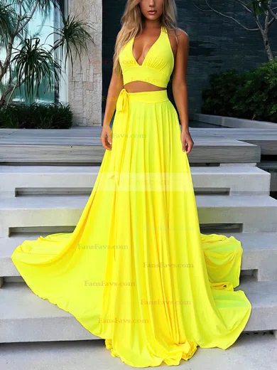 A-line Halter Jersey Sweep Train Bow Prom Dresses #Favs020108438