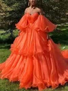 Ball Gown V-neck Tulle Sweep Train Tiered Prom Dresses #Favs020108439