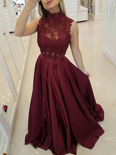 A-line High Neck Silk-like Satin Sweep Train Appliques Lace Prom Dresses #Favs020108445
