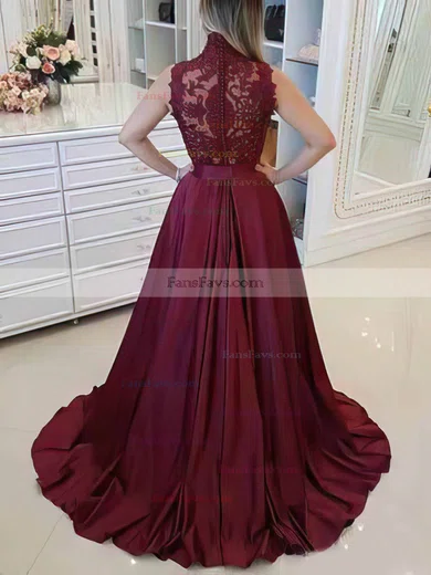 A-line High Neck Silk-like Satin Sweep Train Appliques Lace Prom Dresses #Favs020108445