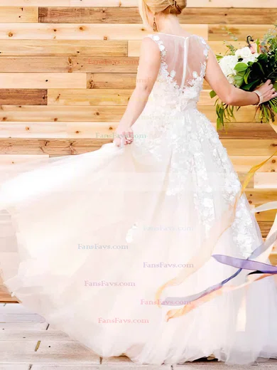 A-line V-neck Lace Tulle Sweep Train Flower(s) Prom Dresses #Favs020108447