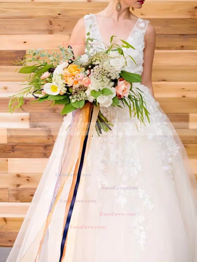 A-line V-neck Lace Tulle Sweep Train Flower(s) Prom Dresses #Favs020108447