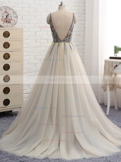 A-line V-neck Tulle Sweep Train Beading Prom Dresses #Favs020108450