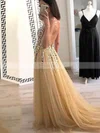 A-line V-neck Tulle Sweep Train Beading Prom Dresses #Favs020108450