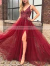 A-line V-neck Tulle Sweep Train Beading Prom Dresses #Favs020108450