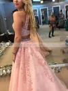 A-line Scoop Neck Lace Tulle Sweep Train Beading Prom Dresses #Favs020108453