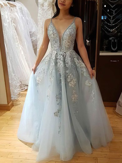 A-line V-neck Tulle Sweep Train Beading Prom Dresses #Favs020108455