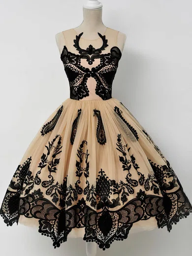 A-line Scoop Neck Lace Tulle Short/Mini Appliques Lace Short Prom Dresses #Favs020108456