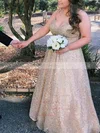 A-line V-neck Glitter Sweep Train Prom Dresses #Favs020108457