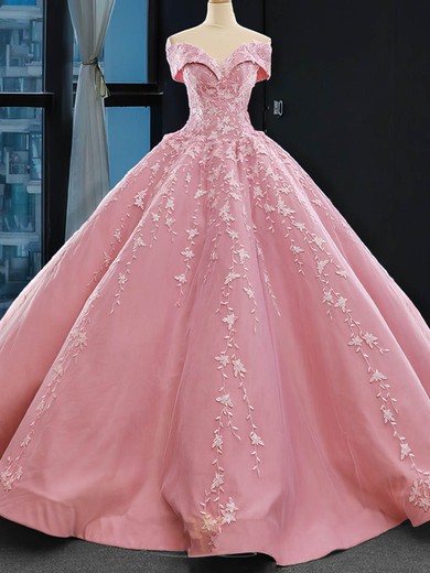 A-line Off-the-shoulder Satin Sweep Train Appliques Lace Prom Dresses #Favs020108461